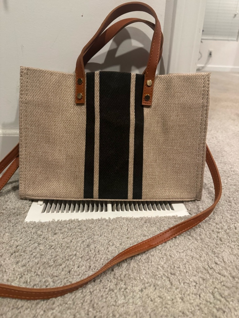 Striped Canvas Tote with  Leather Handles